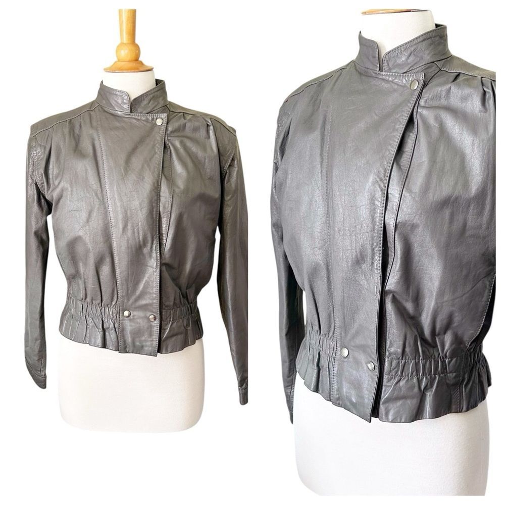 Vintage Gray Leather Bomber Jacket - Medium